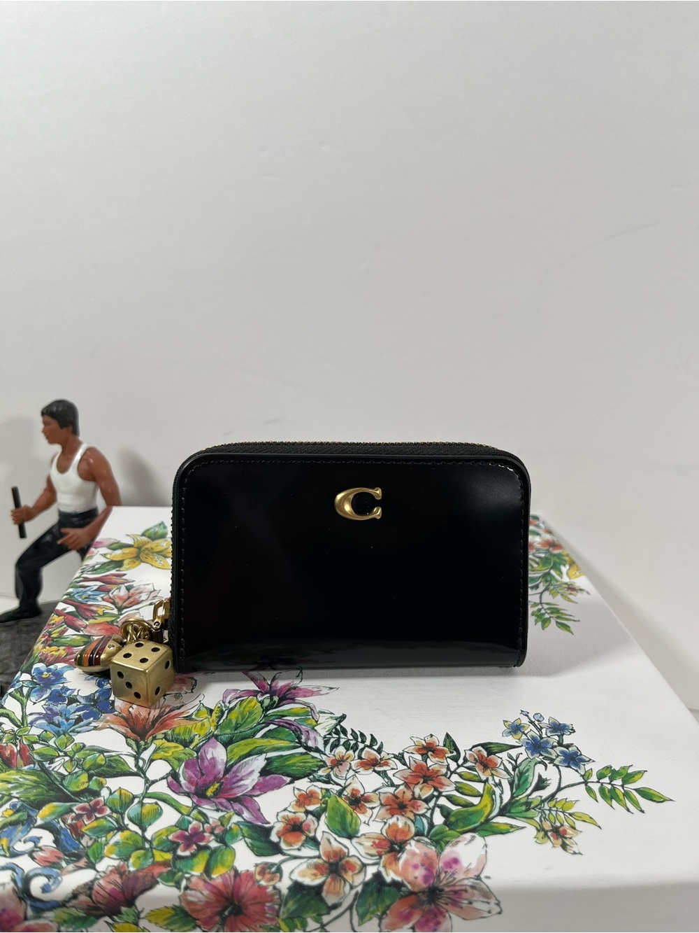 Coach Small Zip Around Card Case Wallet with Charms Black Spazzolato Leather NWT